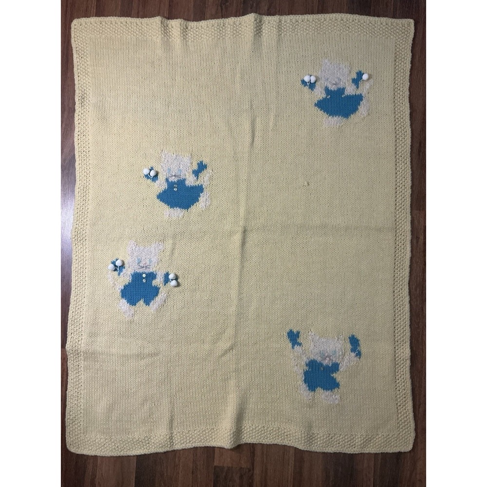 Handmade Yellow Knitted Afghan Decorative Kitten Motifs 43in X 33in
